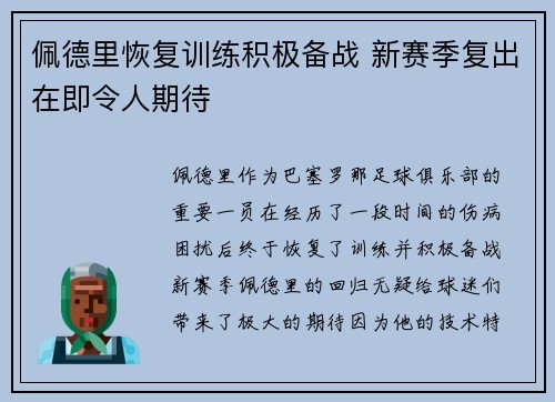 佩德里恢复训练积极备战 新赛季复出在即令人期待 佩德里恢复训练积极备战 新赛季复出在即令人期待